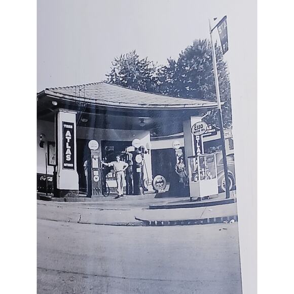Man Standing At Gas Pump Art Deco 1940s Esso Service Station Photograph - Picture 1 of 3